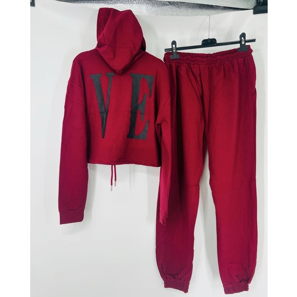 Burgundy Love Print Long Sleeve Hooded Crop Top and Joggers Pants Two Piece Set - Picture 13 of 13